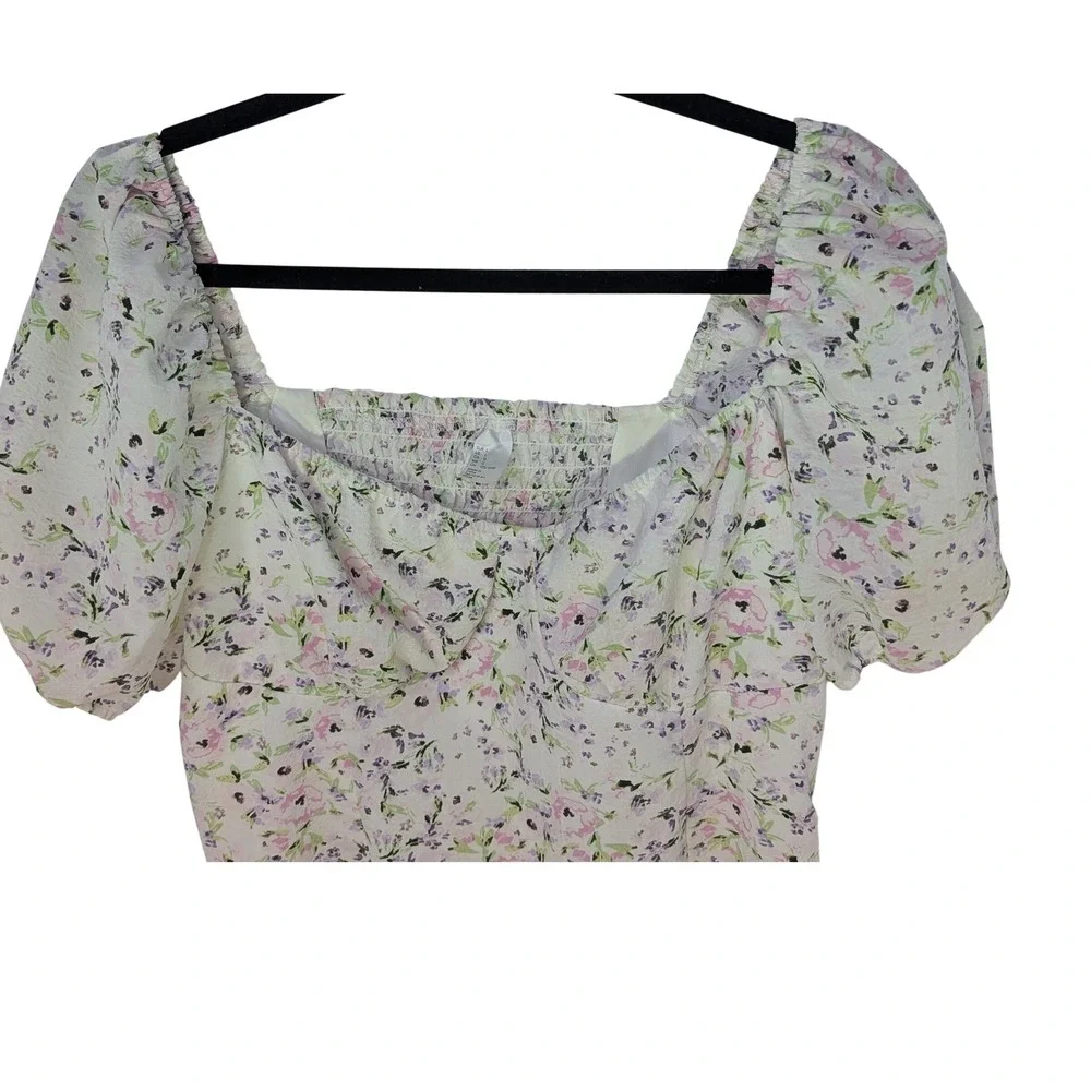 H&M Floral‎ Milkmaid Puff Sleeve Cottagecore Mini Dress L Square Neck SmocknBack